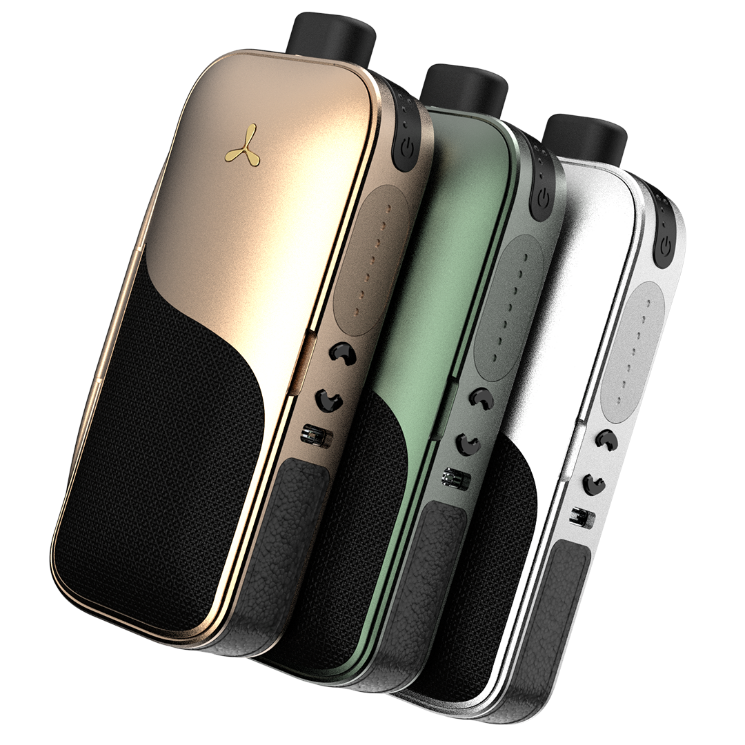 Three electronic devices in gold, green, and silver on a white background